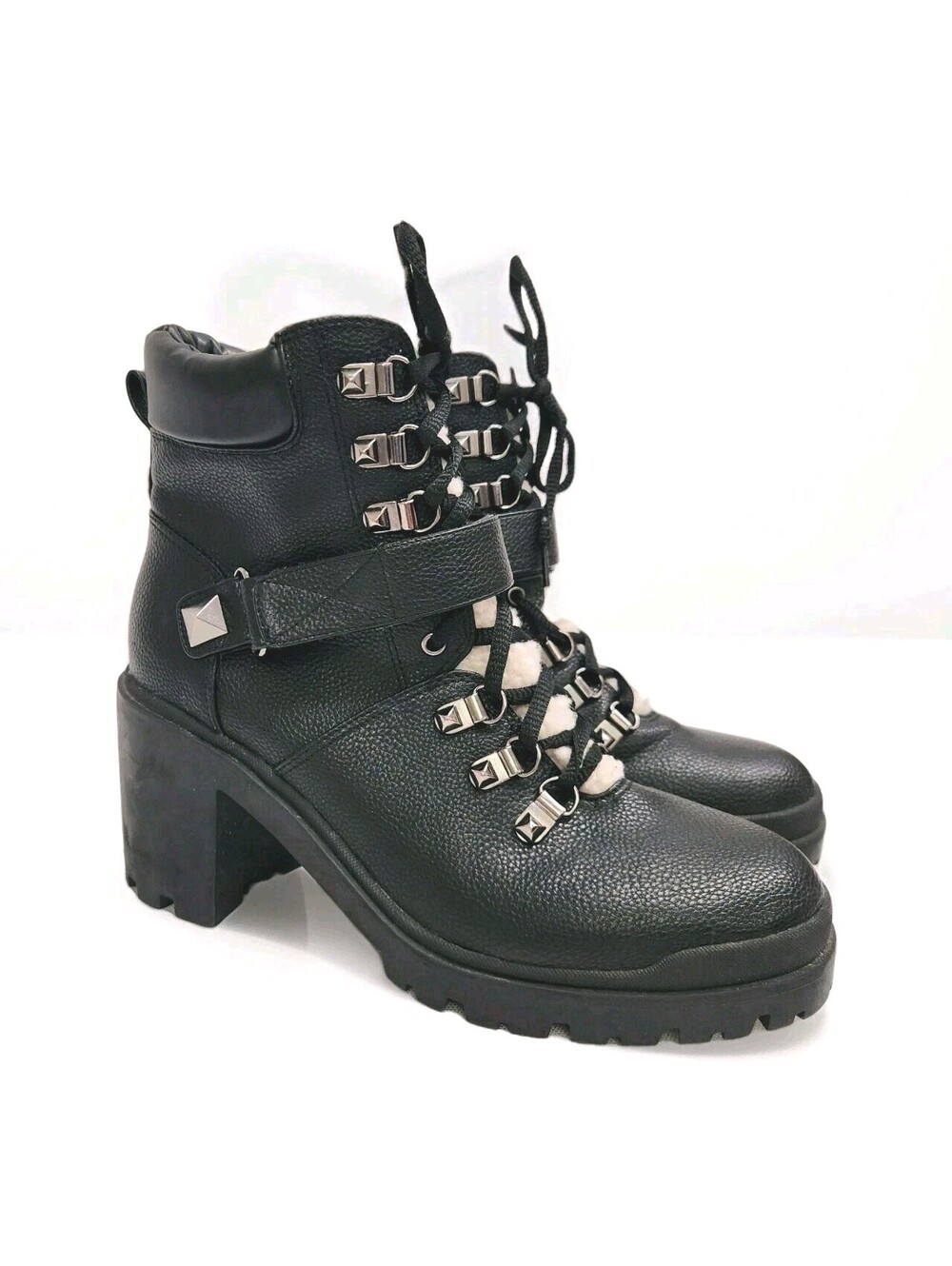 Marc Fisher Sz 9.5M Moto Ankle Boots Black Leather Faux Fur Combat Platform